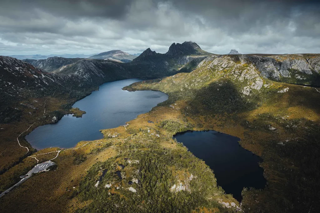 Aerial of Dove and Crater Lakes in Tasmania