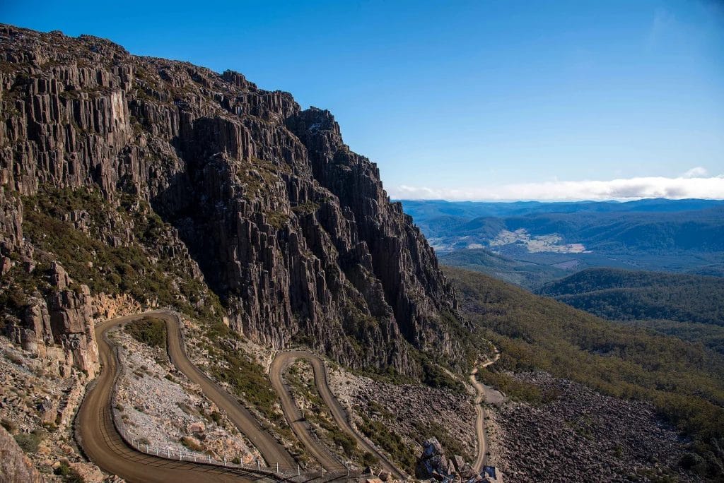 Winding road ‘Jacobs Ladder’ leading to the summit of Ben Lomond mountain in north-eastern Tasmania