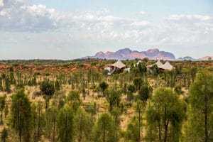 Four Luxury Tents overlooking Kata Tjuta in Australia’s Red Centre during a wet season at Longitude 131°
