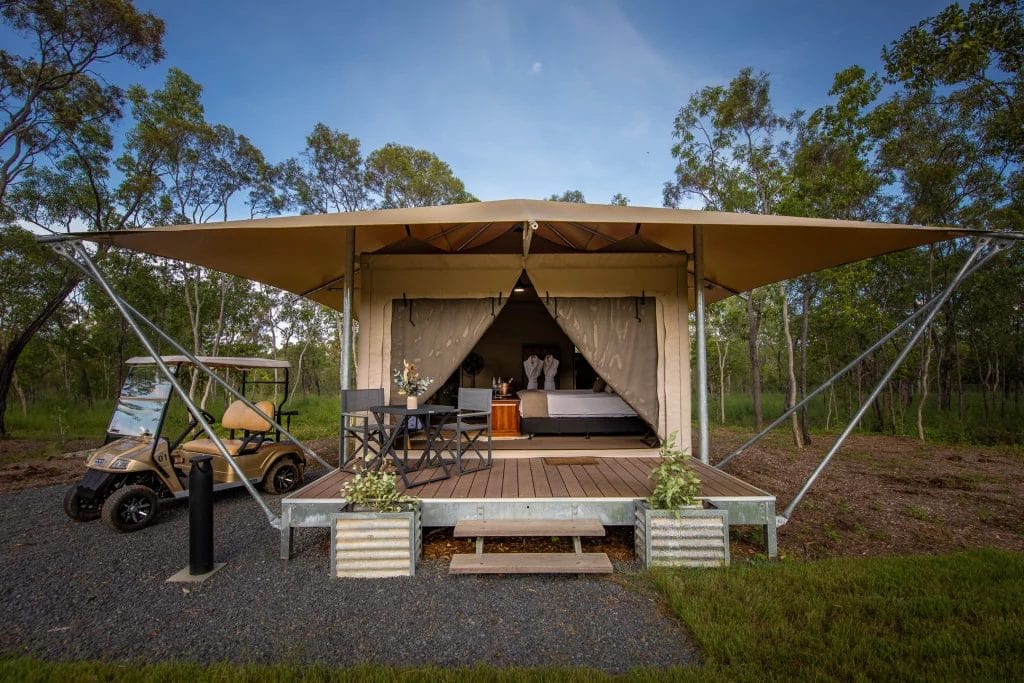 Luxury Outback Tent opening onto Mount Mulligan’s landscapes of eucalyptus trees