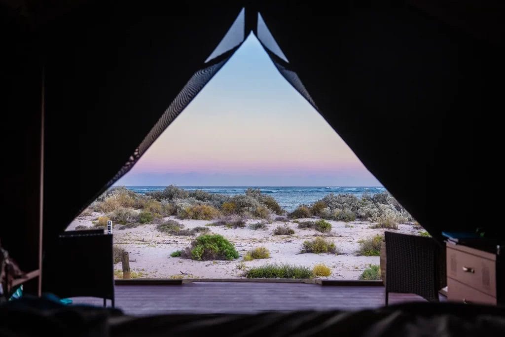 View from inside a luxury wilderness tent at Sal Salis overlooking the Ningaloo Reef