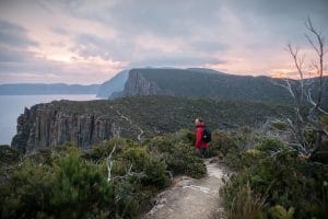 Hiker walking along a winding, narrow path on the Three Capes Track in Tasmania