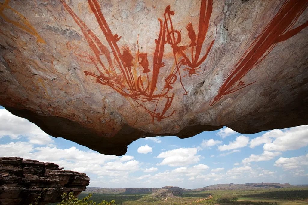 Ancient Aboriginal rock art on a cliff overhang in Arnhem Land