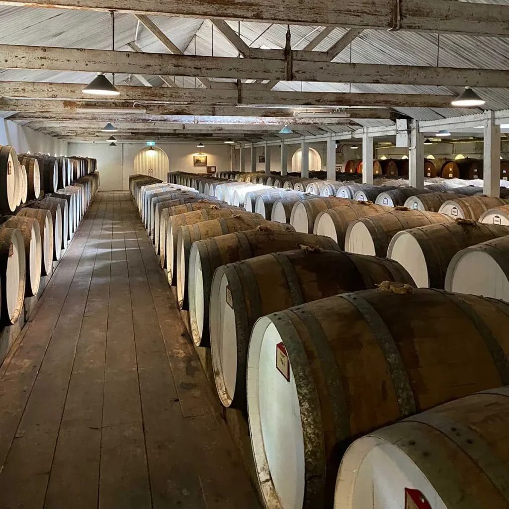 Rows of wine barrels housing tawny in Seppeltsfield’s Centennial Cellar