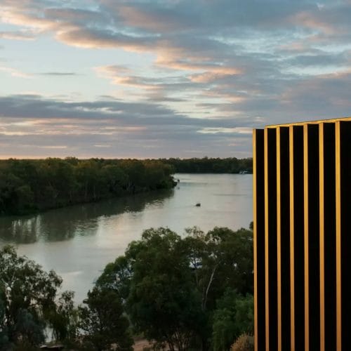 Exterior of The Frames overlooking the River Murray at dusk.