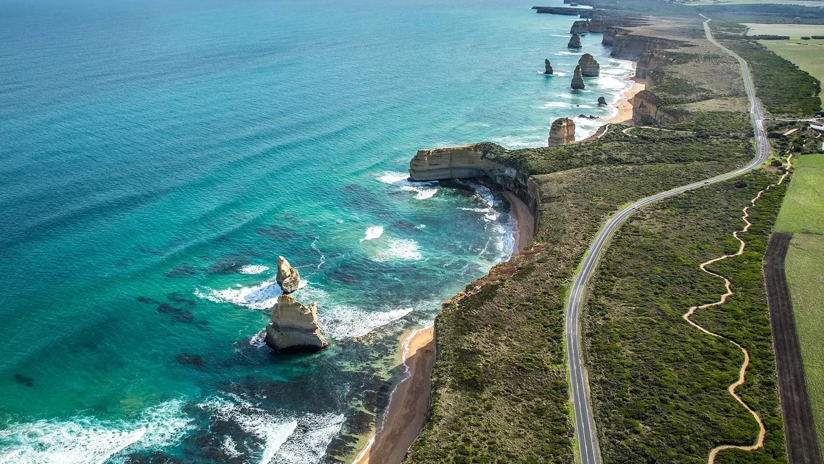 Aerial view of the Great Ocean Road with the 12 Apostles visible