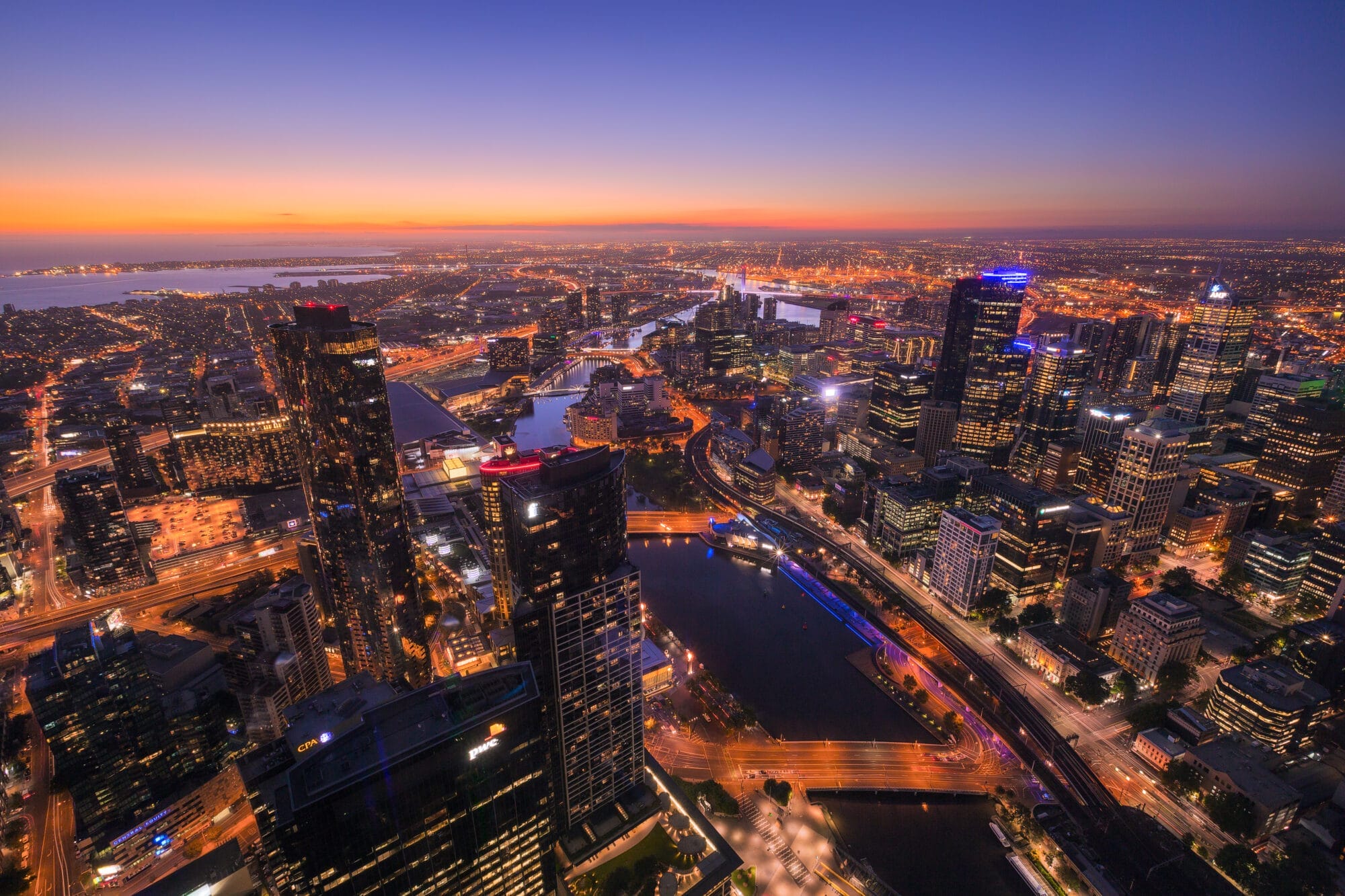 Sunset view from the Eureka Skydeck, Melbourne, VIC.