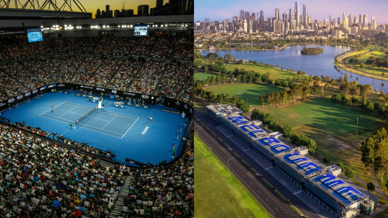 Australian Open Stadium and City skyline from Grand Prix, Albert Park, Aerial