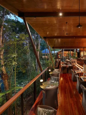 Interior and exterior views of the Treehouse Restaurant overlooking the Daintree Rainforest