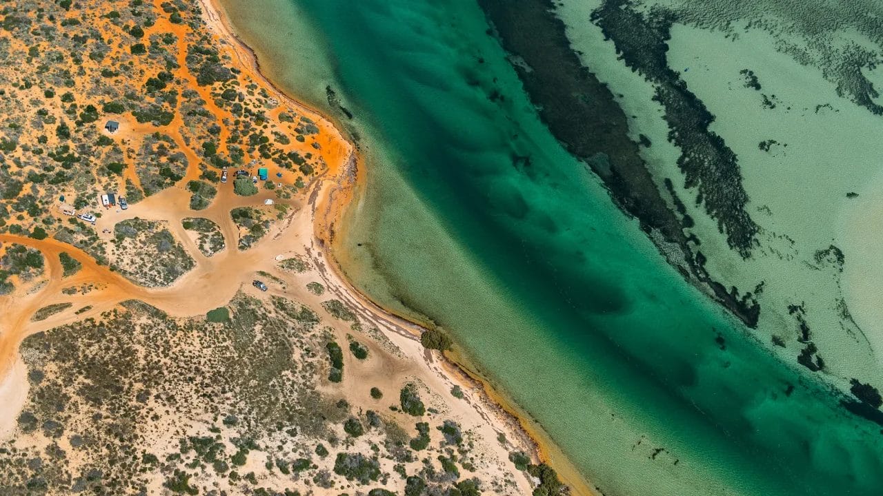 Aerial of contrasting landscapes of Dirk Hartog Island National Park, showing sea-green ocean with corals and warm-hued ochre beach